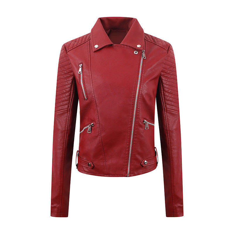 PU Women's Short Leather Oblique Pull Slim Motorcycle Clothing Washed Leather Jacket - Fabs things