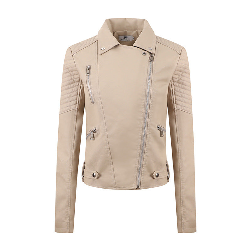 PU Women's Short Leather Oblique Pull Slim Motorcycle Clothing Washed Leather Jacket - Fabs things