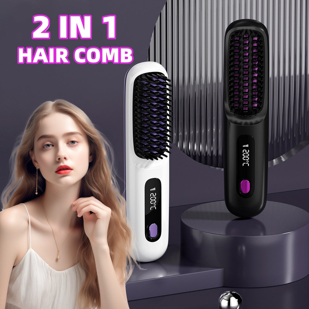 2 In 1 Straight Hair Comb Wireless Hair Straightener Brush Hair Fast Heating Portable Hot Curler USB Charging - Fabs things