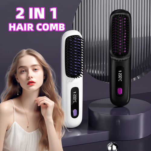 2 In 1 Straight Hair Comb Wireless Hair Straightener Brush Hair Fast Heating Portable Hot Curler USB Charging - Fabs things