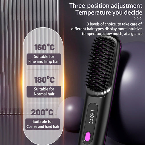 2 In 1 Straight Hair Comb Wireless Hair Straightener Brush Hair Fast Heating Portable Hot Curler USB Charging - Fabs things