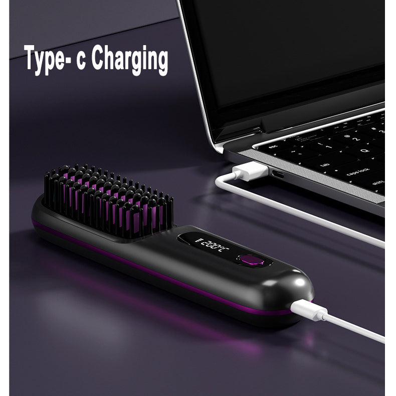 2 In 1 Straight Hair Comb Wireless Hair Straightener Brush Hair Fast Heating Portable Hot Curler USB Charging - Fabs things