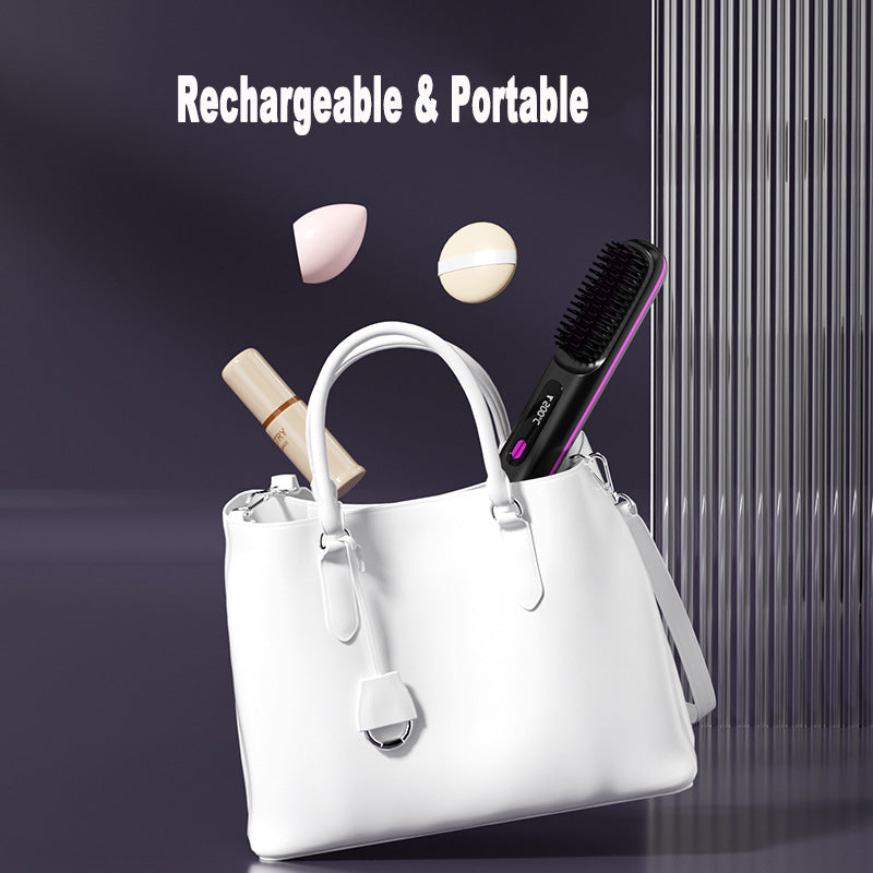 2 In 1 Straight Hair Comb Wireless Hair Straightener Brush Hair Fast Heating Portable Hot Curler USB Charging - Fabs things