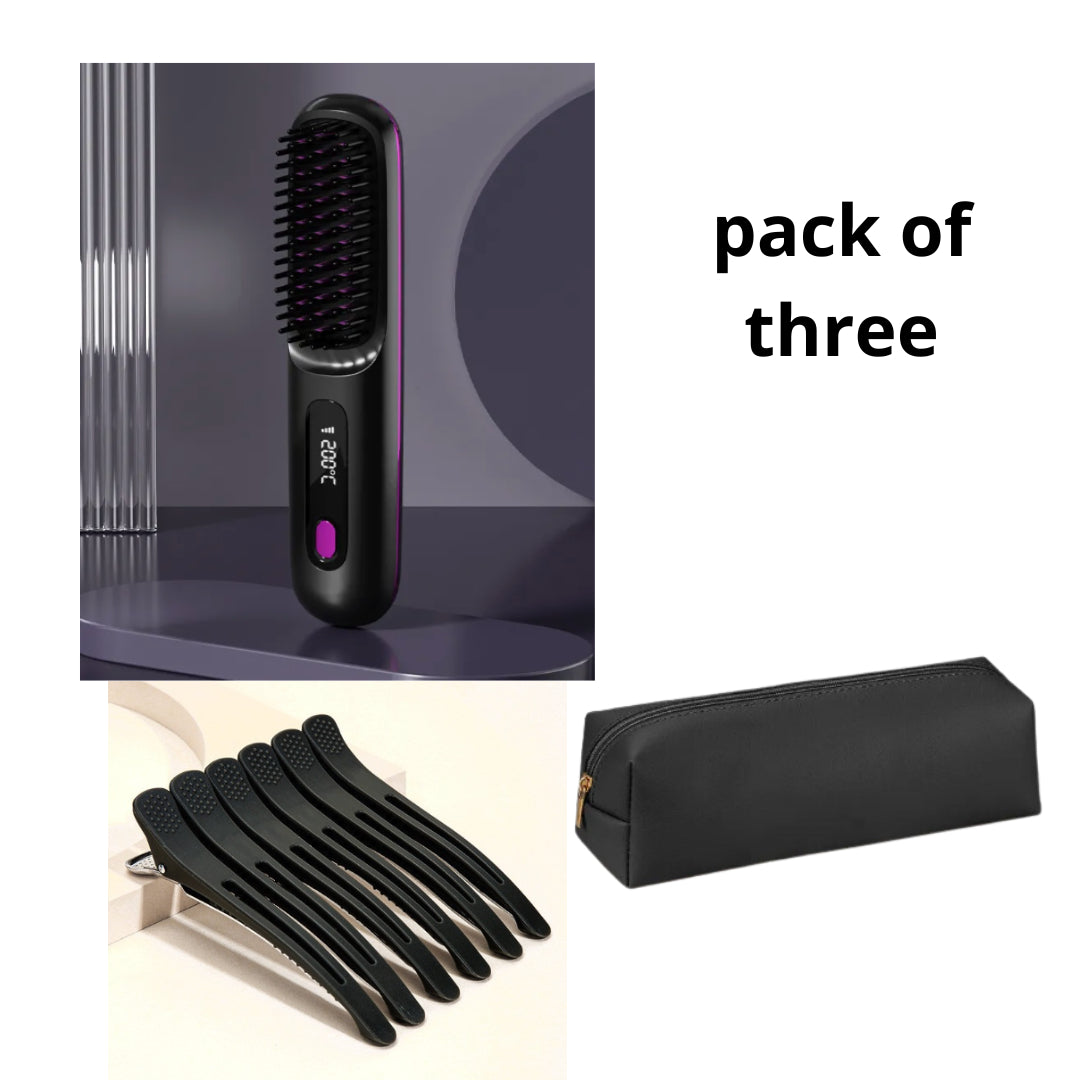2 In 1 Straight Hair Comb Wireless Hair Straightener Brush Hair Fast Heating Portable Hot Curler USB Charging - Fabs things