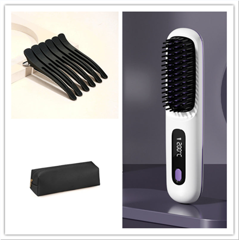 2 In 1 Straight Hair Comb Wireless Hair Straightener Brush Hair Fast Heating Portable Hot Curler USB Charging - Fabs things