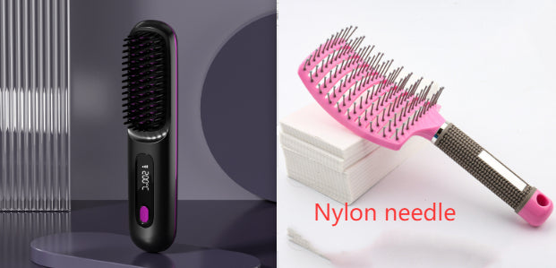 2 In 1 Straight Hair Comb Wireless Hair Straightener Brush Hair Fast Heating Portable Hot Curler USB Charging - Fabs things