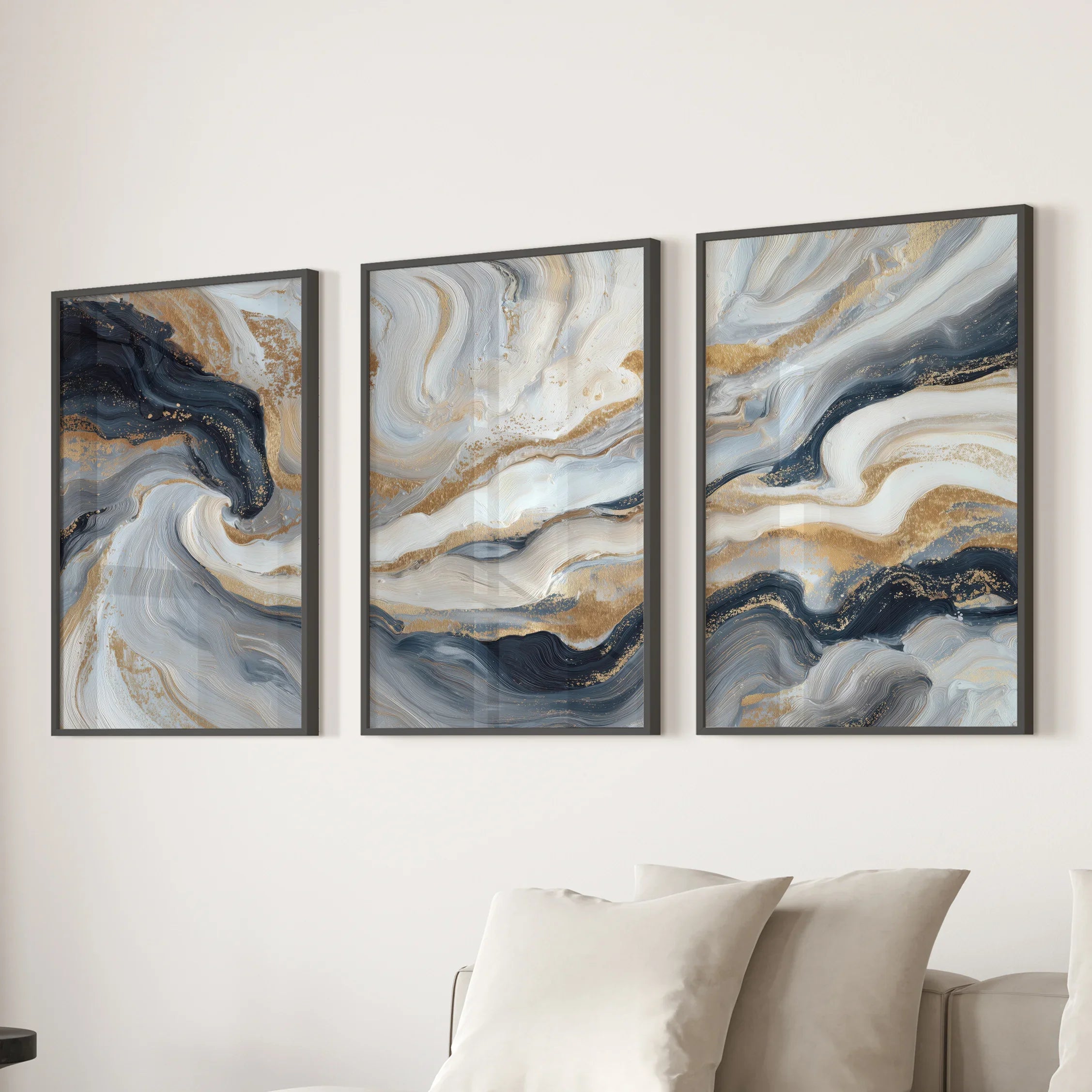 3 Piece Modern Abstract Marble Wall Art: Navy Blue and Gold