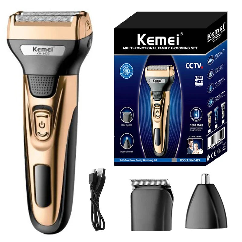 Kemei 3in1 Grooming Kit Electric Shaver For Men Beard Hair Trimmer Body Nose Ear Shaving Machine Face Razor Rechargeable - Fabs things