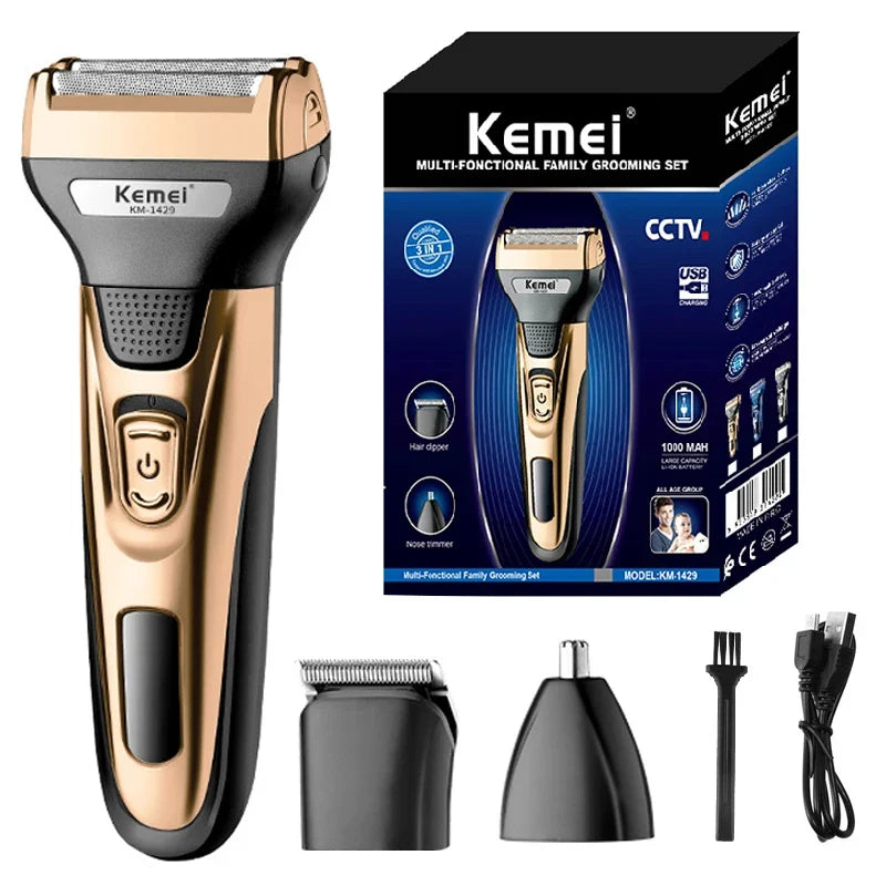 Kemei 3in1 Grooming Kit Electric Shaver For Men Beard Hair Trimmer Body Nose Ear Shaving Machine Face Razor Rechargeable - Fabs things