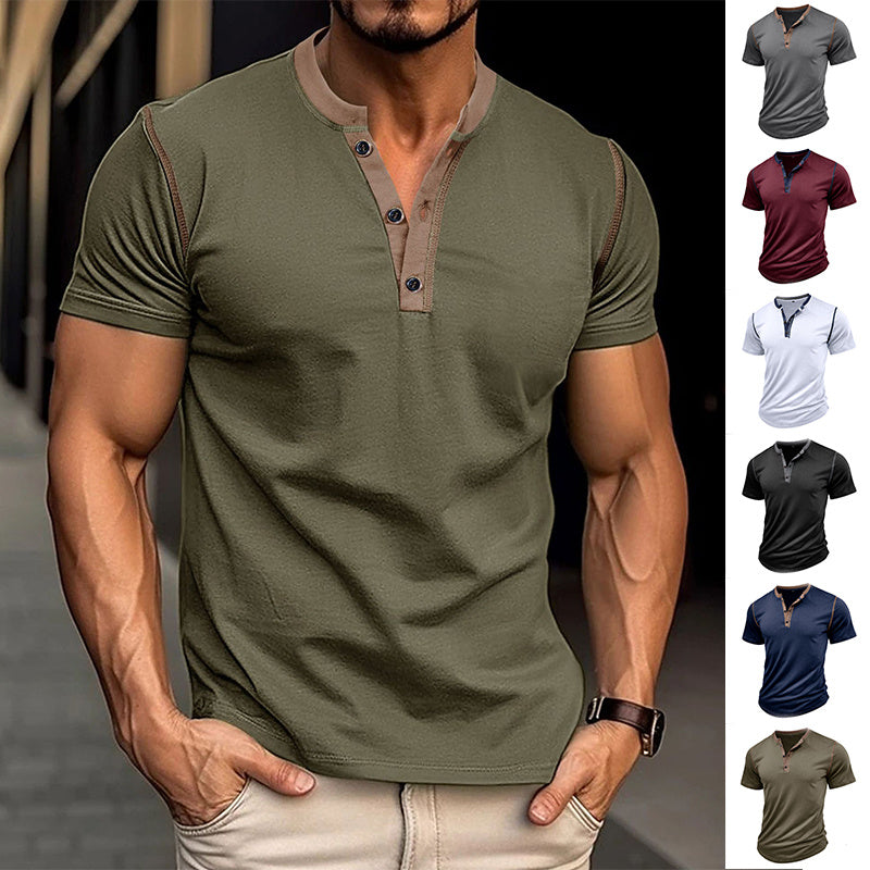 Fashion Short-sleeved Polo Shirt Summer Button V-neck T-shirt Tops Mens Clothing - Fabs things