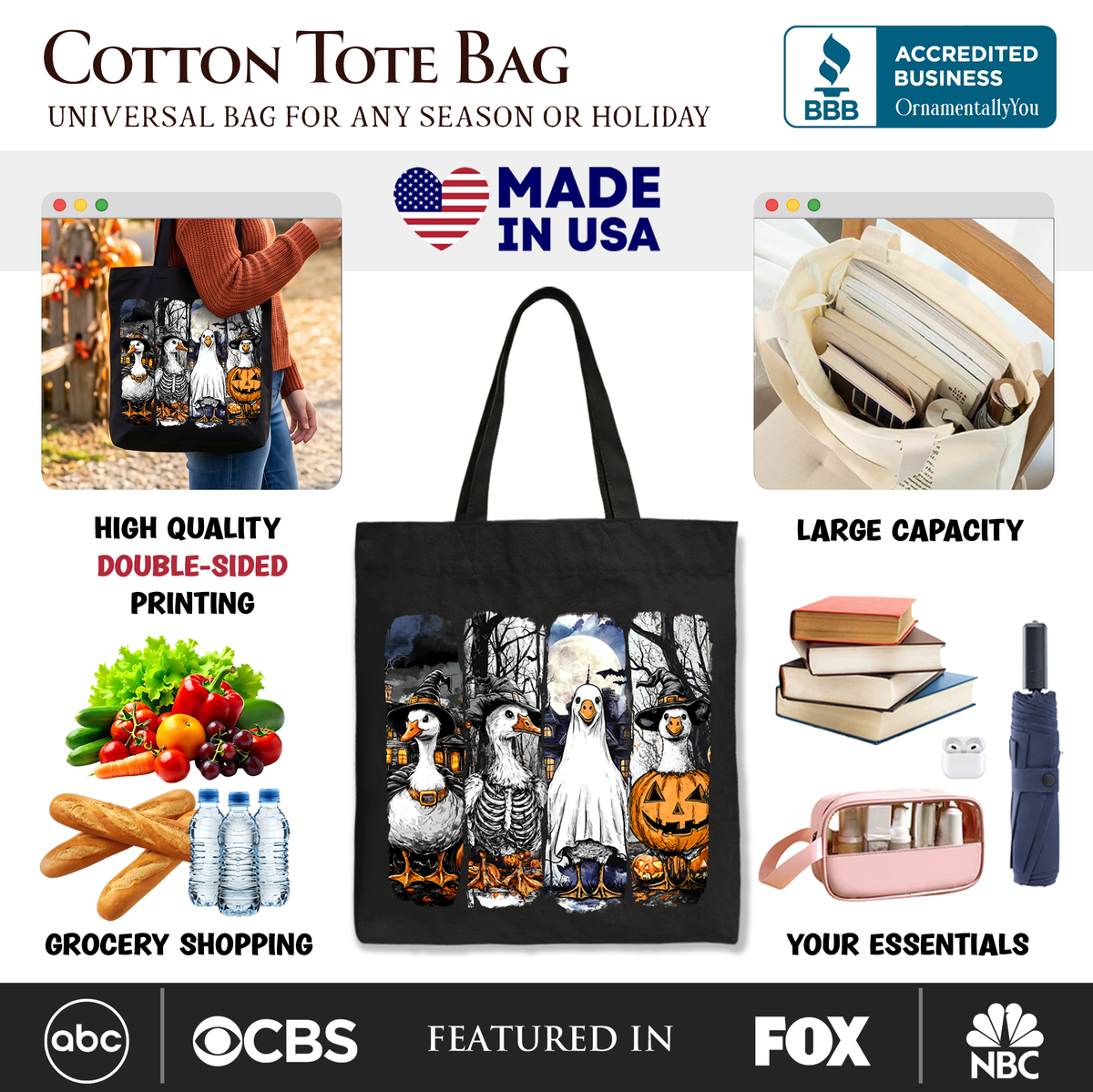 Halloween Goose in Costume Tote Bag, Spooky Fall Geese Gift Shopper for Bird Enjoyers - Fabs things