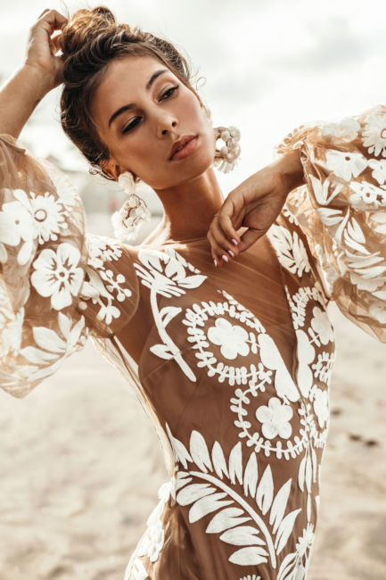 Women Clothing Deep V Plunge Mesh Embroidered Puff Sleeve Backless Dress - Fabs things