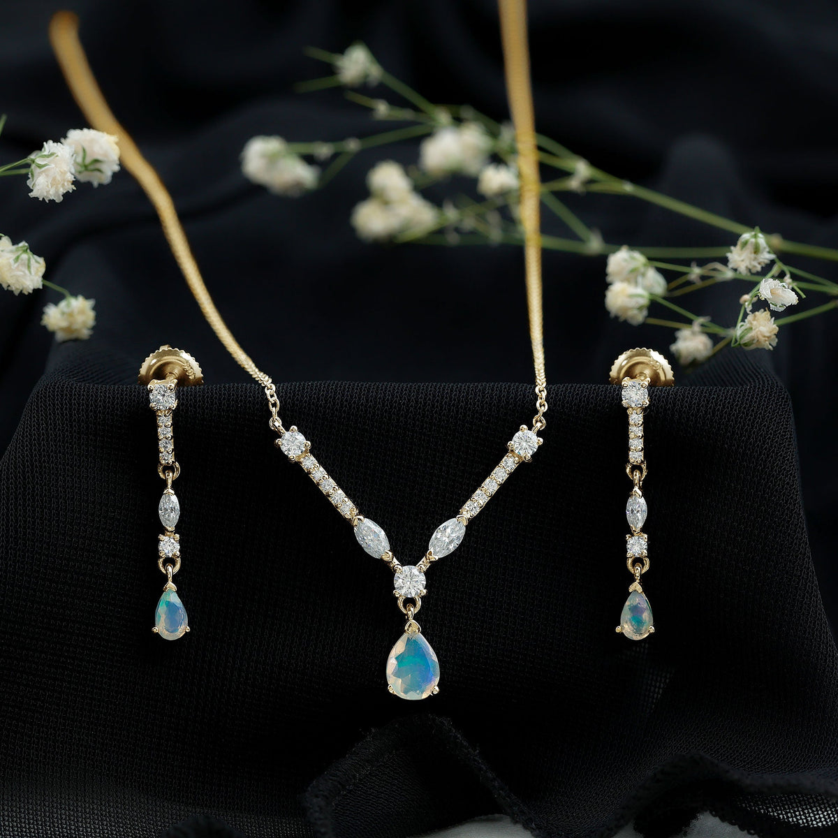 Natural Ethiopian Opal and Moissanite Teardrop Jewelry Set - Fabs things