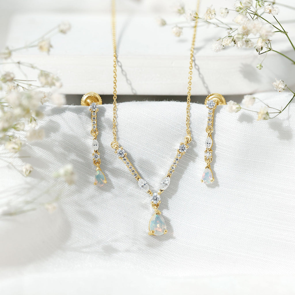 Natural Ethiopian Opal and Moissanite Teardrop Jewelry Set - Fabs things