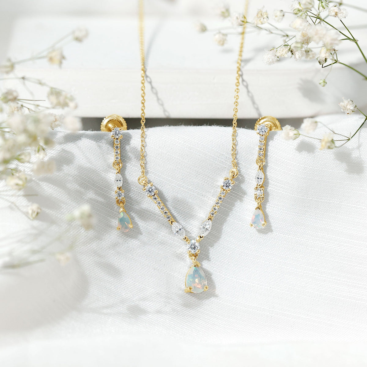 Natural Ethiopian Opal and Moissanite Teardrop Jewelry Set - Fabs things