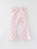 Fall Girls Pink Bow Print Elastic Flared Jeans Denim pant - Fabs things