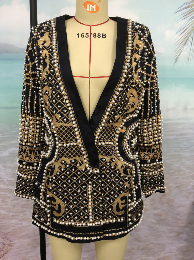V-neck Long-sleeved Suit Blouse With Bubble Print Women's Clothing - Fabs things