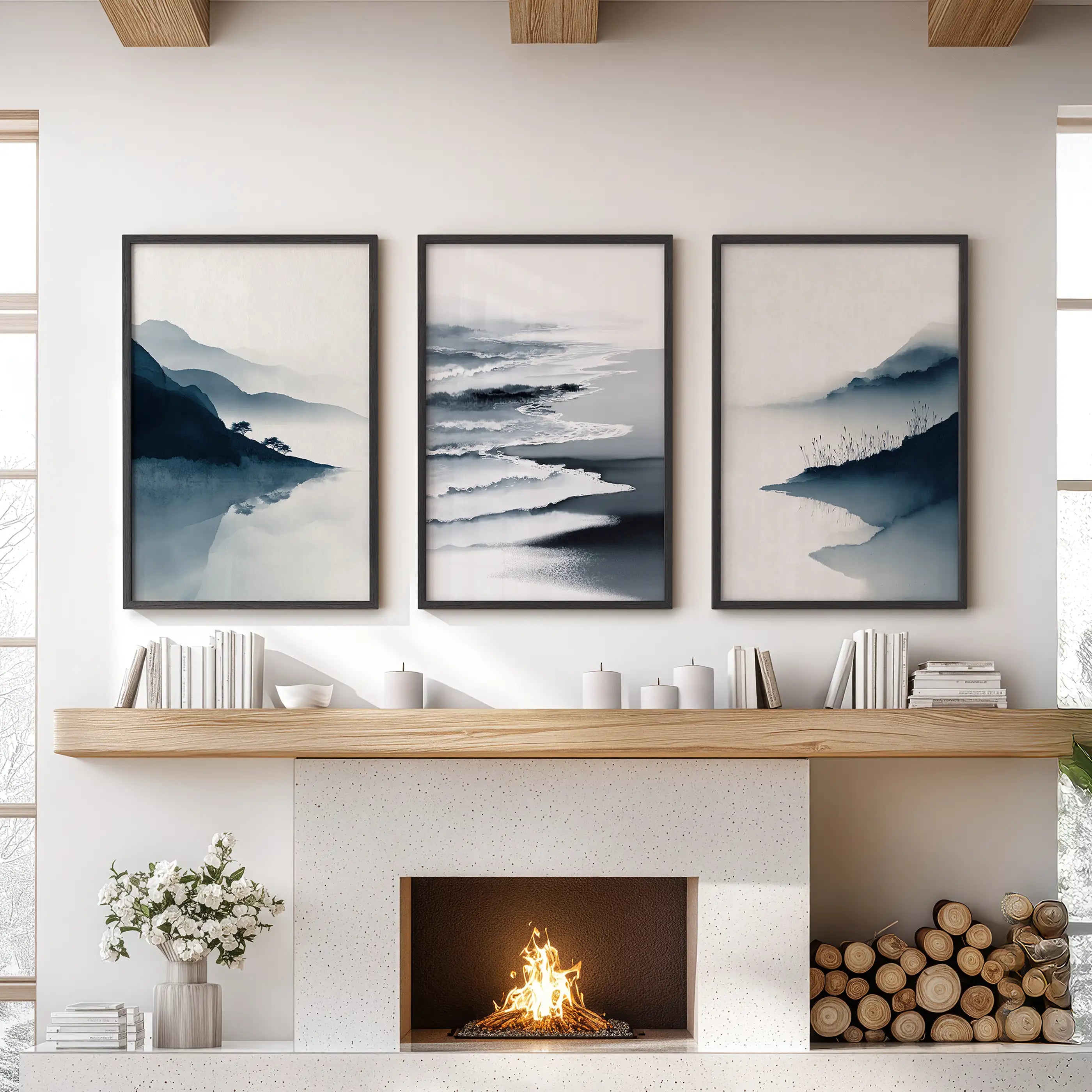 Minimalist Mountain Lake Set of 3. Modern Landscape Prints