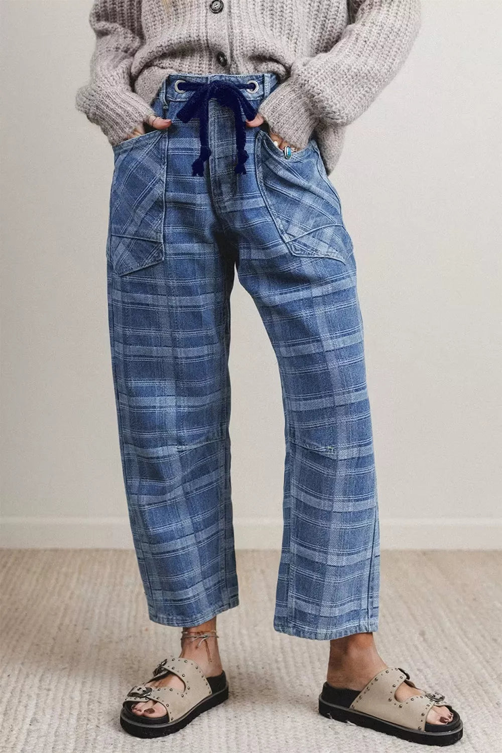 Plaid Denim Grommet Drawstring Waist Ankle-Length Jeans - Fabs things