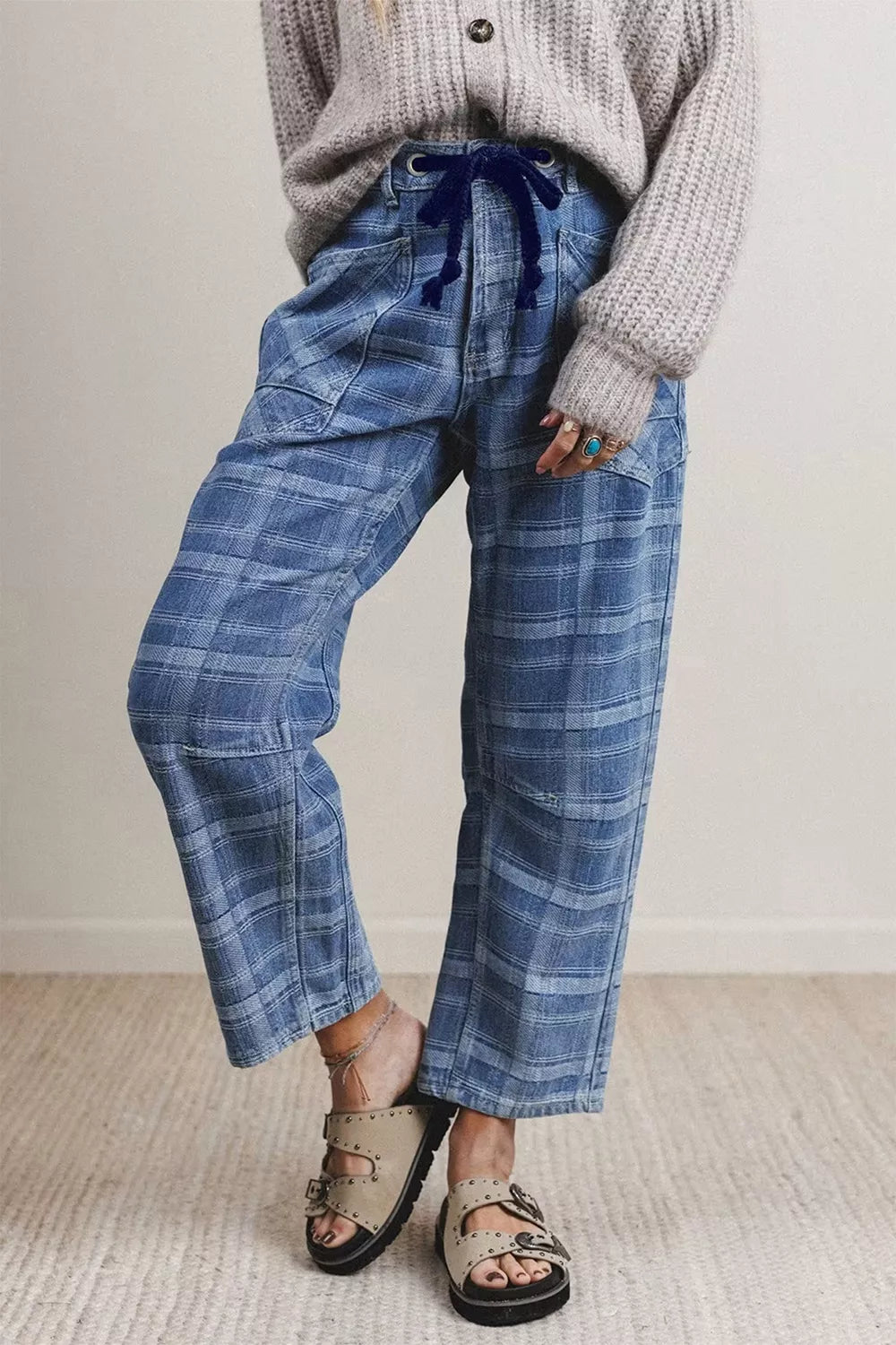 Plaid Denim Grommet Drawstring Waist Ankle-Length Jeans - Fabs things