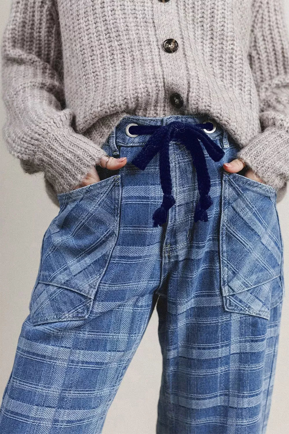 Plaid Denim Grommet Drawstring Waist Ankle-Length Jeans - Fabs things