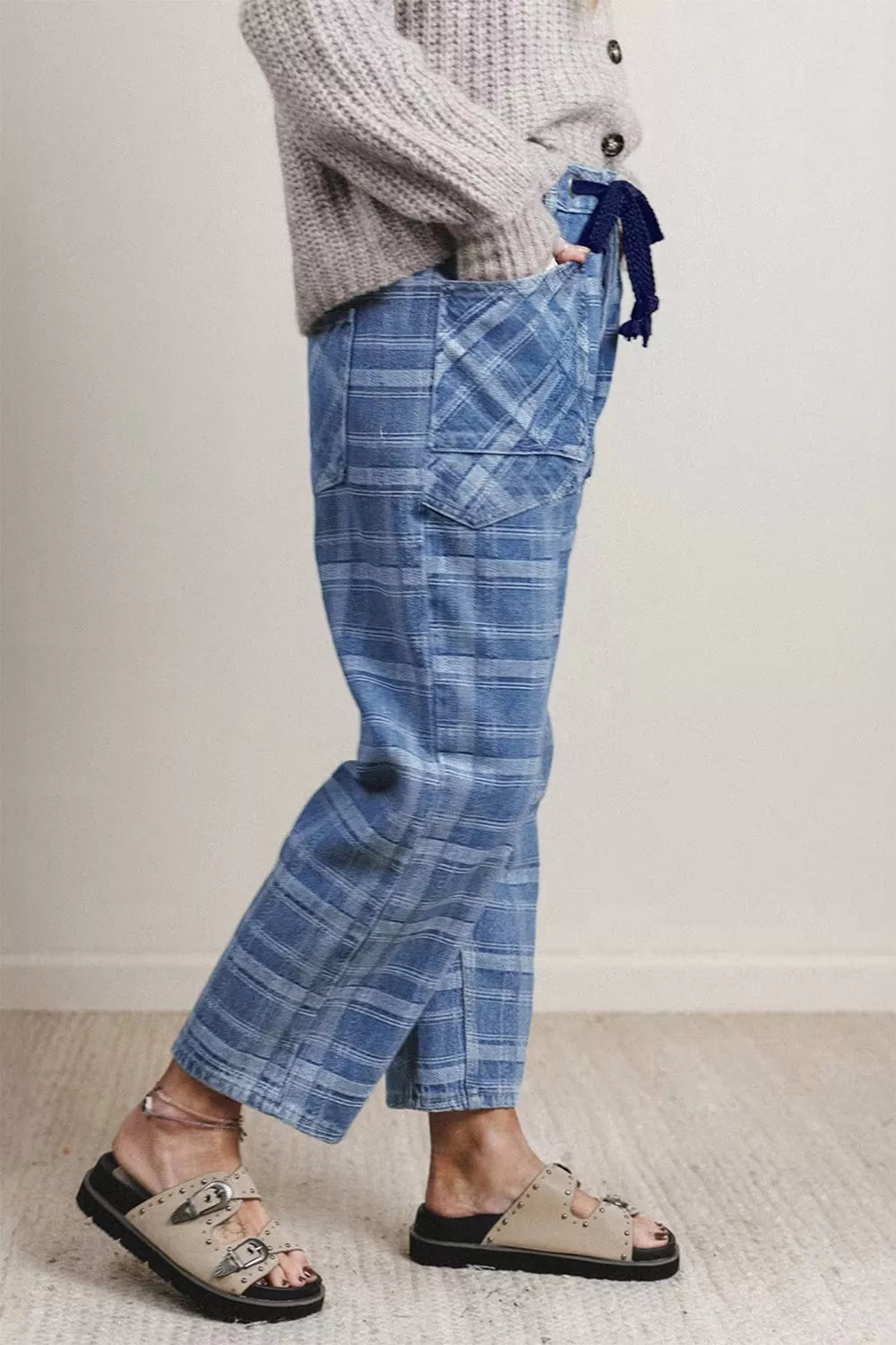 Plaid Denim Grommet Drawstring Waist Ankle-Length Jeans - Fabs things