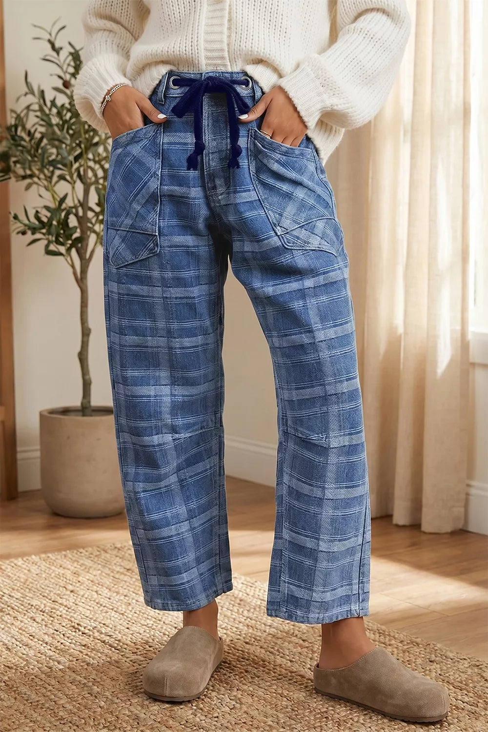 Plaid Denim Grommet Drawstring Waist Ankle-Length Jeans - Fabs things