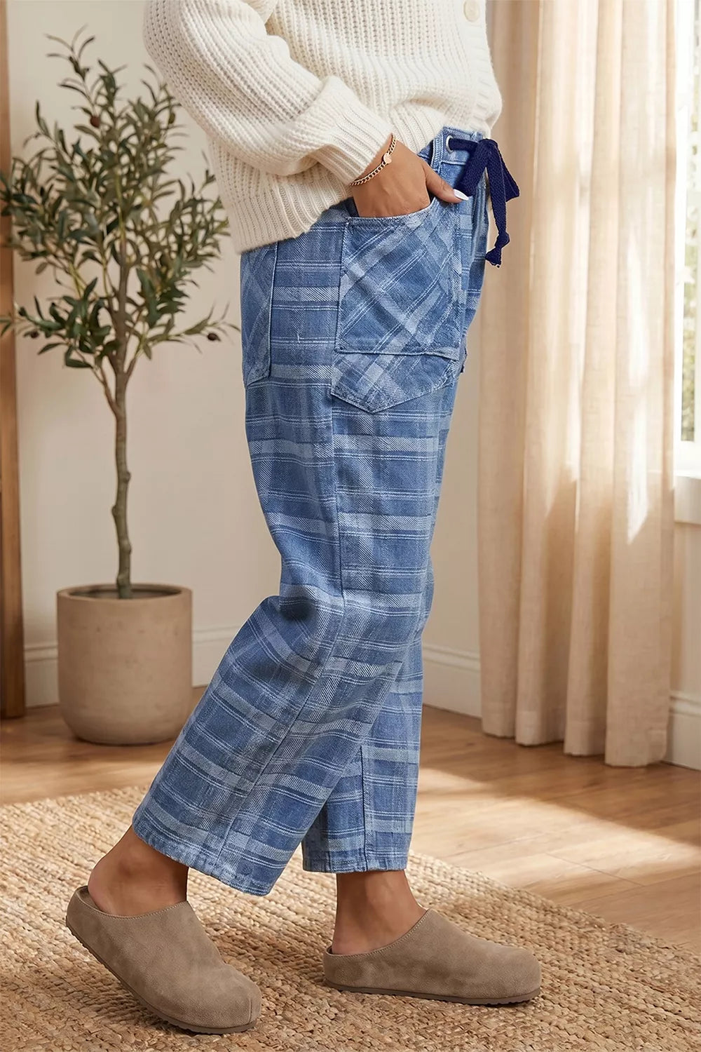 Plaid Denim Grommet Drawstring Waist Ankle-Length Jeans - Fabs things