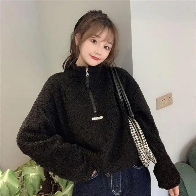 New Autumn Winter Hoodies Women New Imitation Lamb Short Plus Thick Sweatshirt Female Loose Student Jacket Tops Sweatshirt For Men And Women Fleece Sweatshirt Warm Winter Sweatshirt - Fabs things