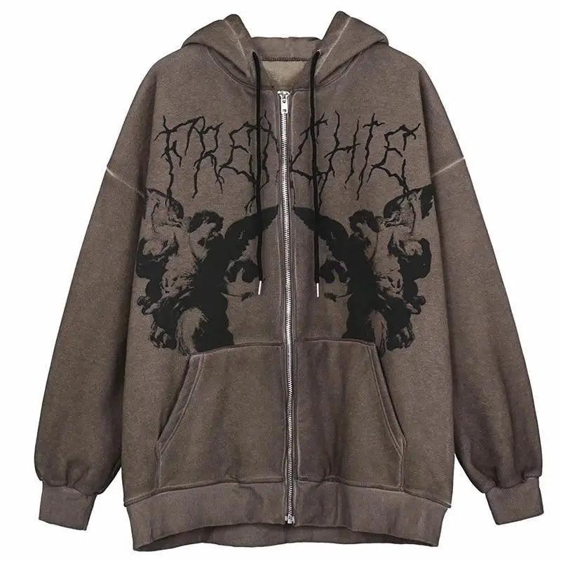 New Trendy Vintage Hip Hop Streetwear Women Hoodies Angel Dark Print Zipper Jacket Coat Hooded Top Clothes Men Women Punk Outwear - Fabs things