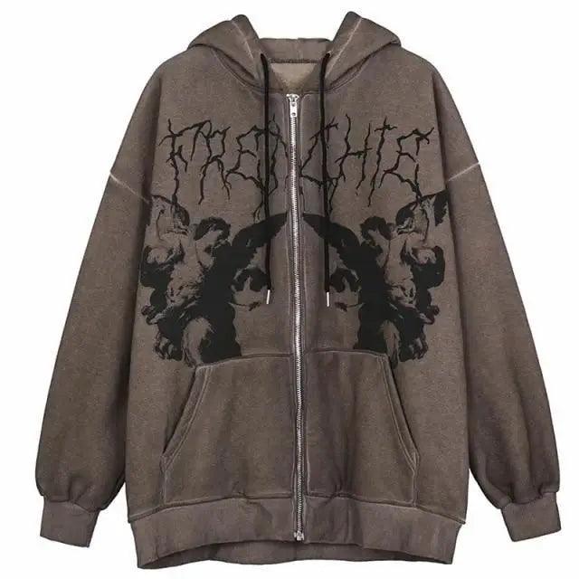 New Trendy Vintage Hip Hop Streetwear Women Hoodies Angel Dark Print Zipper Jacket Coat Hooded Top Clothes Men Women Punk Outwear - Fabs things