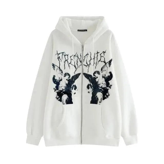 New Trendy Vintage Hip Hop Streetwear Women Hoodies Angel Dark Print Zipper Jacket Coat Hooded Top Clothes Men Women Punk Outwear - Fabs things