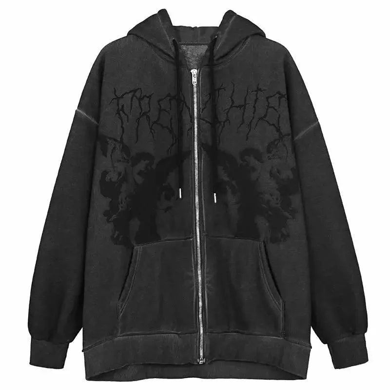 New Trendy Vintage Hip Hop Streetwear Women Hoodies Angel Dark Print Zipper Jacket Coat Hooded Top Clothes Men Women Punk Outwear - Fabs things