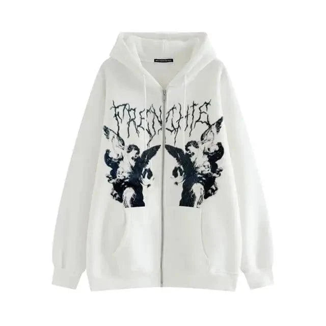 New Trendy Vintage Hip Hop Streetwear Women Hoodies Angel Dark Print Zipper Jacket Coat Hooded Top Clothes Men Women Punk Outwear - Fabs things