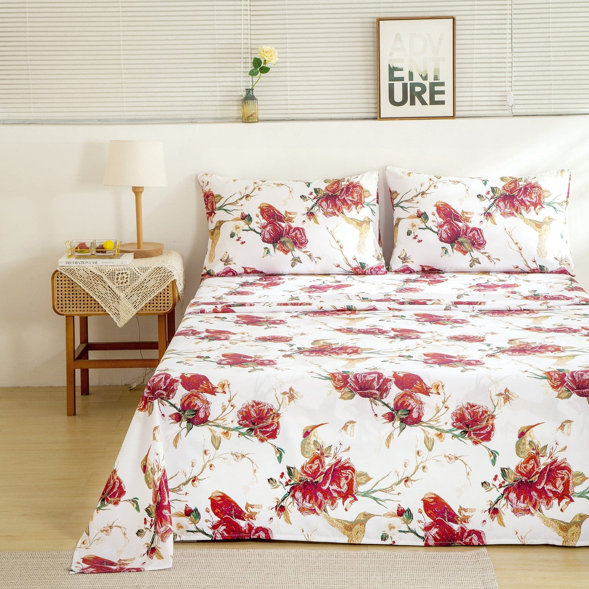 Tache Floral Hummingbirds Burgundy White Vintage Rose Garden Bed Sheet Set (SD-7676) - Fabs things
