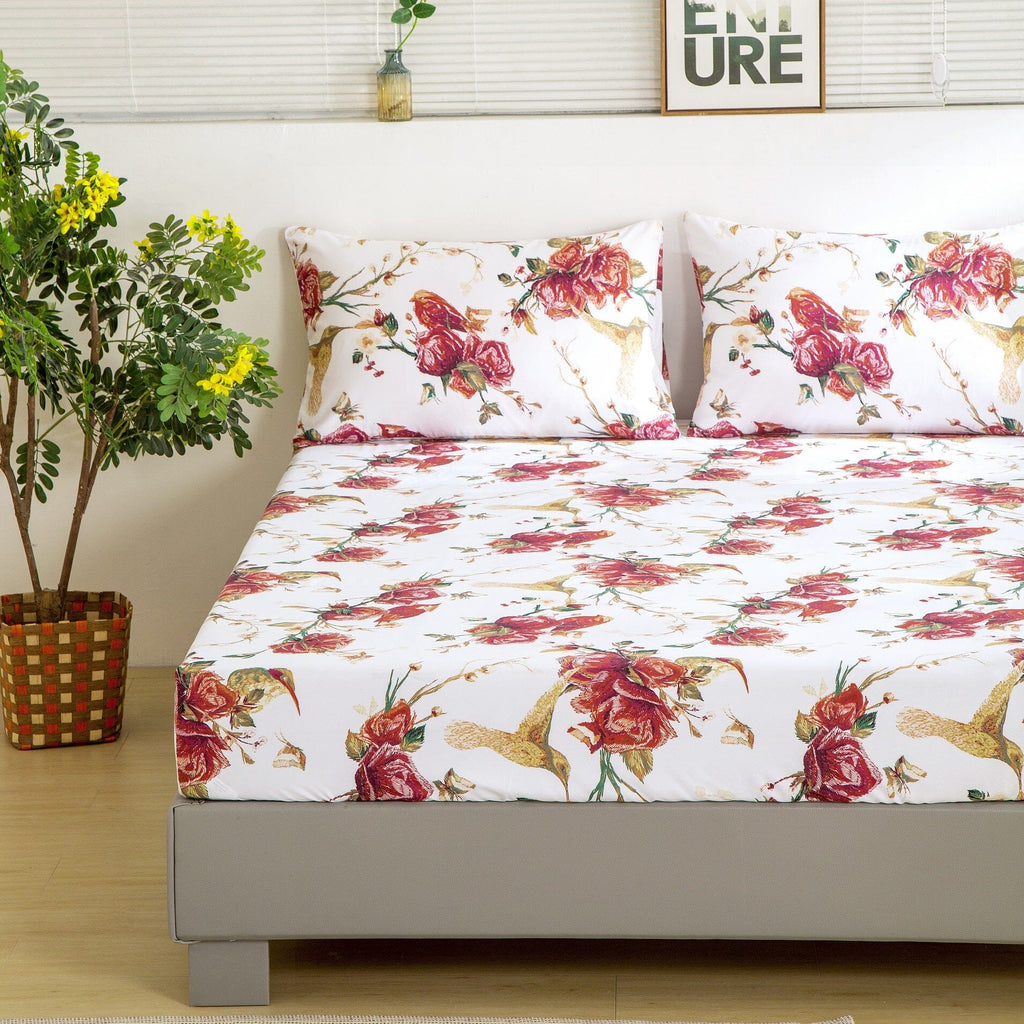 Tache Floral Hummingbirds Burgundy White Vintage Rose Garden Bed Sheet Set (SD-7676) - Fabs things