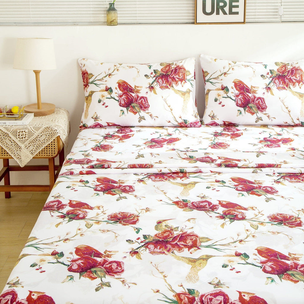 Tache Floral Hummingbirds Burgundy White Vintage Rose Garden Bed Sheet Set (SD-7676) - Fabs things