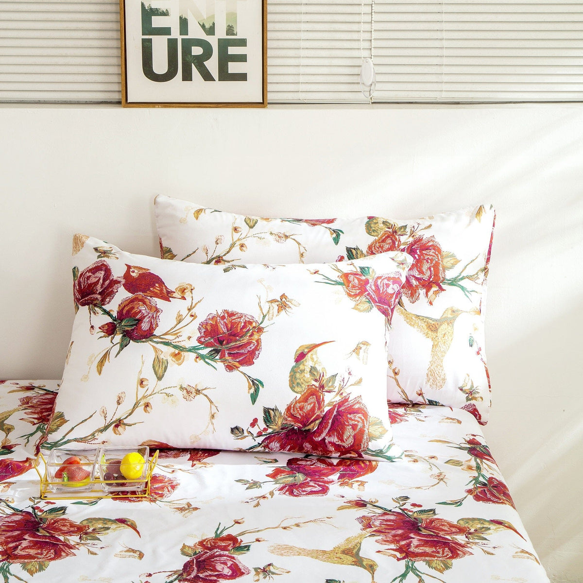 Tache Floral Hummingbirds Burgundy White Vintage Rose Garden Bed Sheet Set (SD-7676) - Fabs things