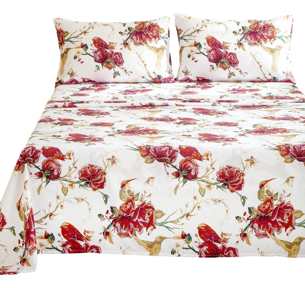 Tache Floral Hummingbirds Burgundy White Vintage Rose Garden Bed Sheet Set (SD-7676) - Fabs things