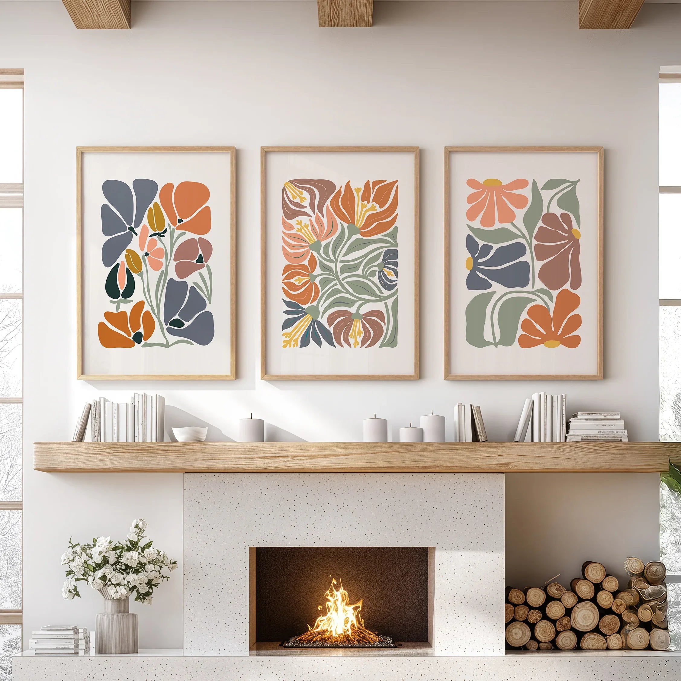 Boho Botanical Set of 3 Wall Art. Abstract Flowers Prints