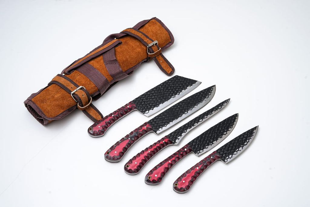 5-Piece Hand-Forged Kitchen Knife Set - Dragon Scale Carbon Steel - Red Diamond Wood Handles & Leather roll - CK-002 - Fabs things