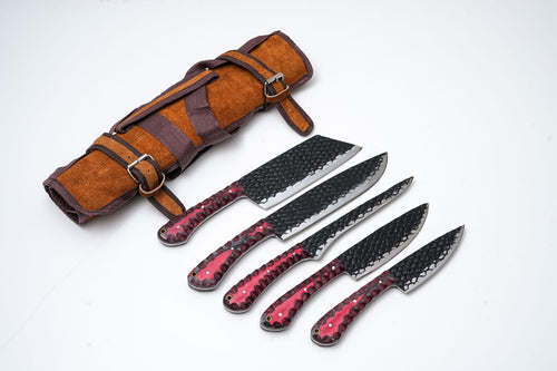 5-Piece Hand-Forged Kitchen Knife Set - Dragon Scale Carbon Steel - Red Diamond Wood Handles & Leather roll - CK-002 - Fabs things