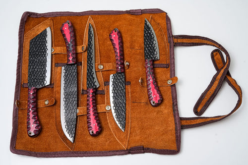5-Piece Hand-Forged Kitchen Knife Set - Dragon Scale Carbon Steel - Red Diamond Wood Handles & Leather roll - CK-002 - Fabs things