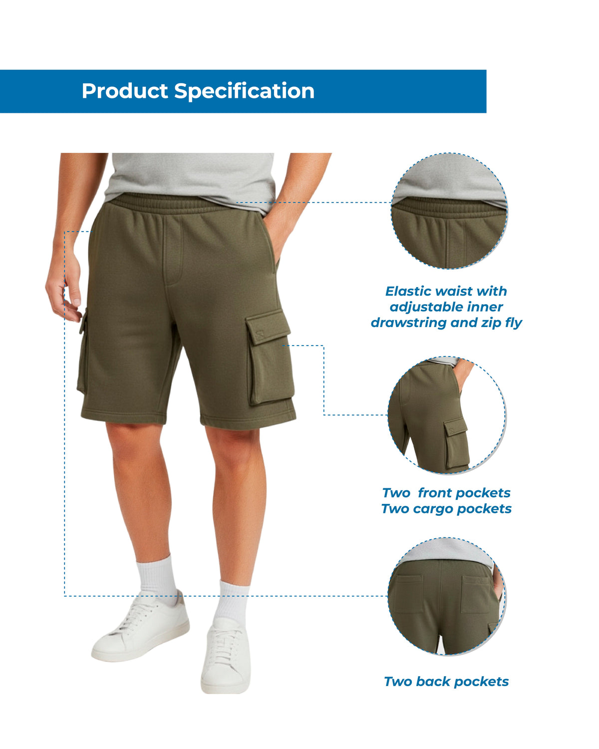 Men's Fleece Cargo Shorts — Elastic Waist Multi-Pocket Sweat Shorts - Fabs things