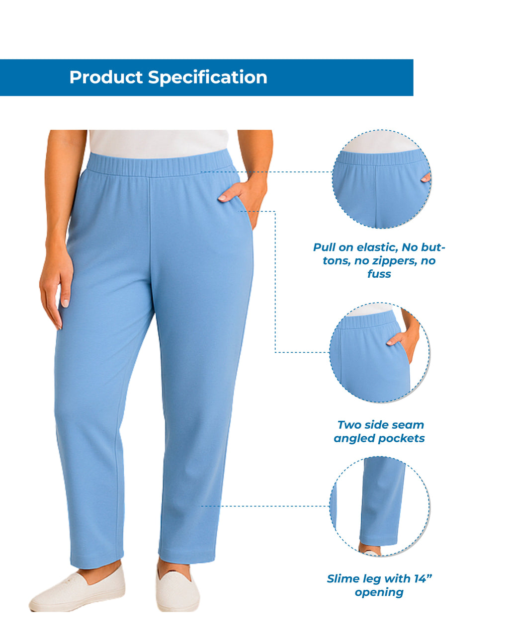 Women's Pull-On Flat Front Knit Pants — Cotton Blend Elastic Waist - Fabs things