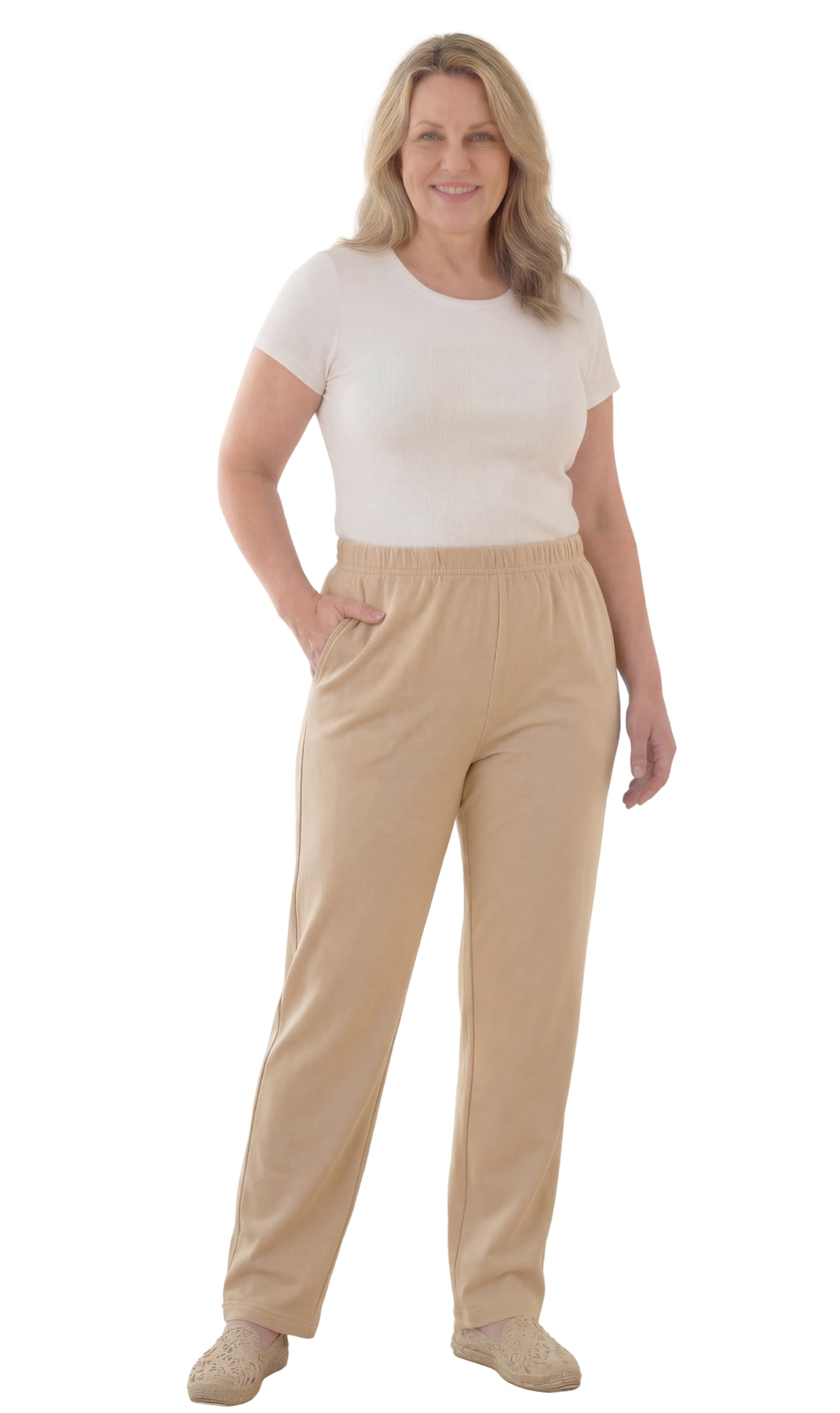 Women's Pull-On Flat Front Knit Pants — Cotton Blend Elastic Waist - Fabs things