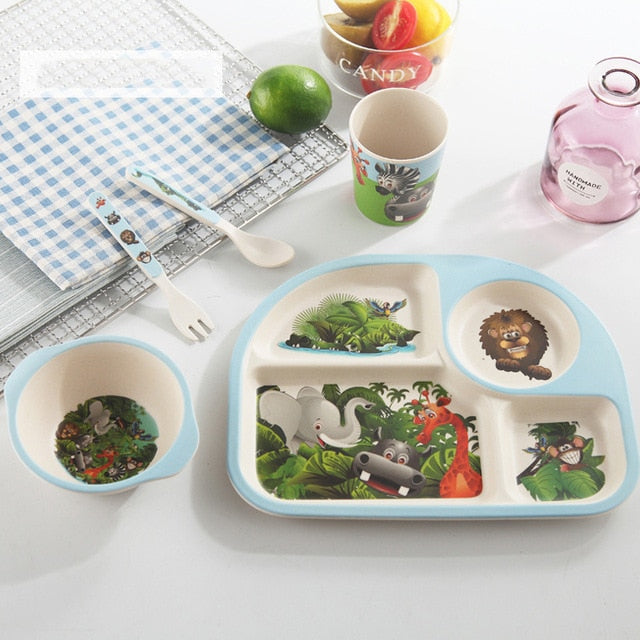 5pcs/set Baby Dinnerware Bamboo Fiber Children Tableware Set Plate Dishes Bowl With Spoon Cartoon Feeding Set Food Container - Fabs things