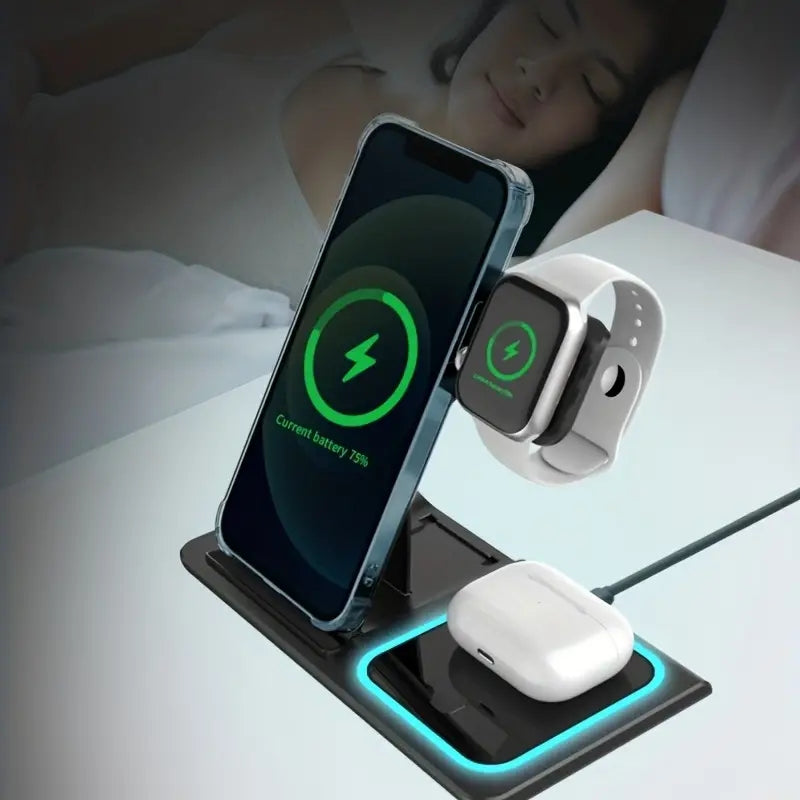 3 In 1 Wireless Charger Stand Pad For IPhone 14 13 12 11 X iWatch 8 7 Airpods Foldable 15W Phone Fast Charging Dock Station - Fabs things