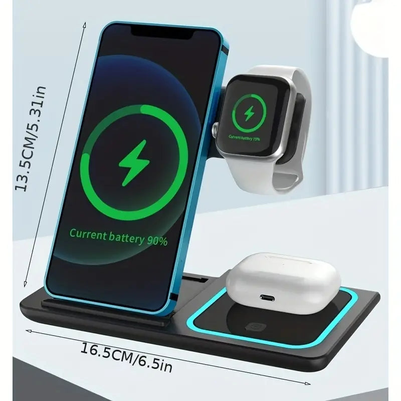 3 In 1 Wireless Charger Stand Pad For IPhone 14 13 12 11 X iWatch 8 7 Airpods Foldable 15W Phone Fast Charging Dock Station - Fabs things