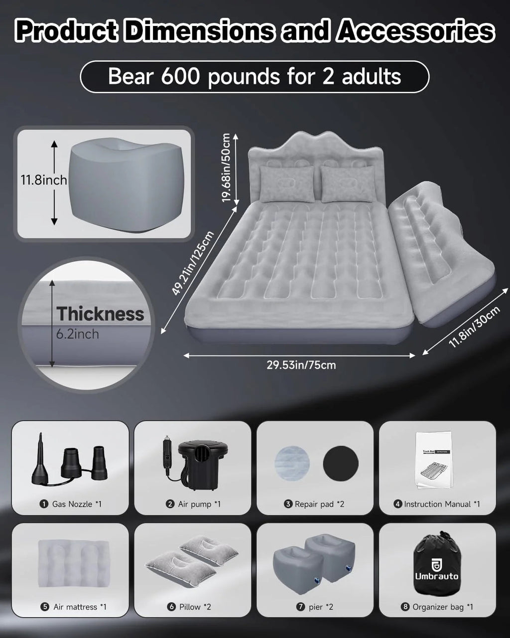Umbrauto 29.53in/75cm Wide Car Air Mattress – Inflatable SUV, Truck & Van Back Seat Camping Bed with Pump & Pillows, Gray - Fabs things